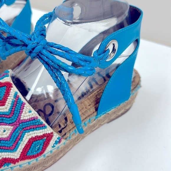 SAM EDELMAN "NEERA"  BLUE & RED BEADING ESPADRILLE WEDGES SZ 6.5 BOHO COASTAL - Picture 6 of 13